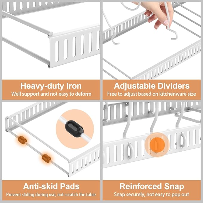 Housolution 2 Pack Pot and Pan Organizer, 12"-23" Expandable Pot Lid Organizer with 14 Adjustable Dividers, Pan Lid Holder Storage Rack for Cabinet, White - Image 3