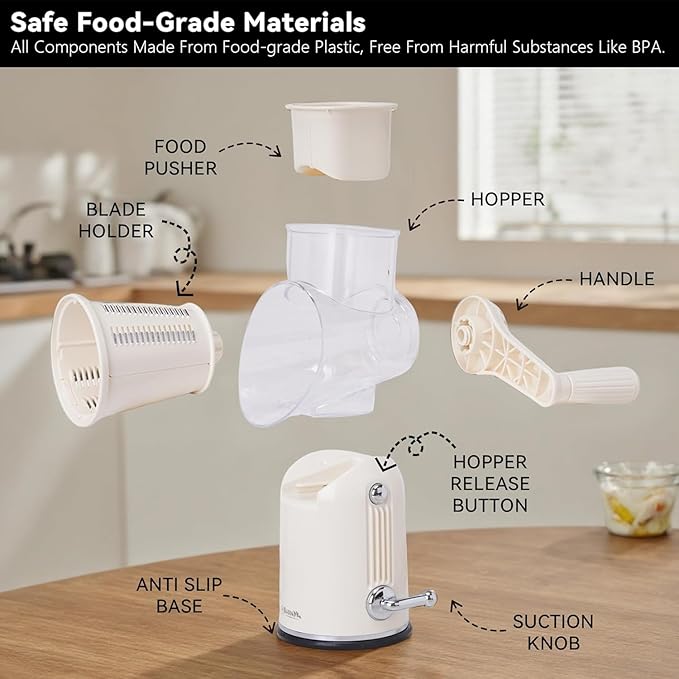 5-in-1 Rotary Cheese Grater Vegetable Slicer with Handle - Upgraded Hand Crank Cheese Grater with Handle and Strong Suction Base, Multi-Purpose Slicer with 5 Blades (White) - Image 4