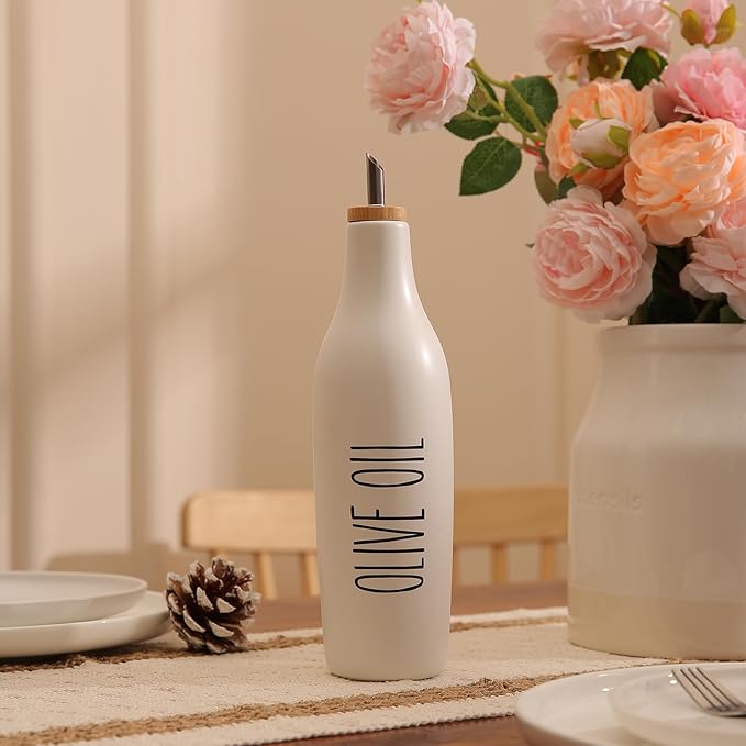 HOMCDALY Ceramic Olive Oil Dispenser for Kitchen, Stoneware 16oz Oil Cruet and Vinegar Bottles Dispenser, Kitchen Dispenser Bottle for EVOO Vinegar Syrups, Modern Farmhouse Design(W-O) - Image 5