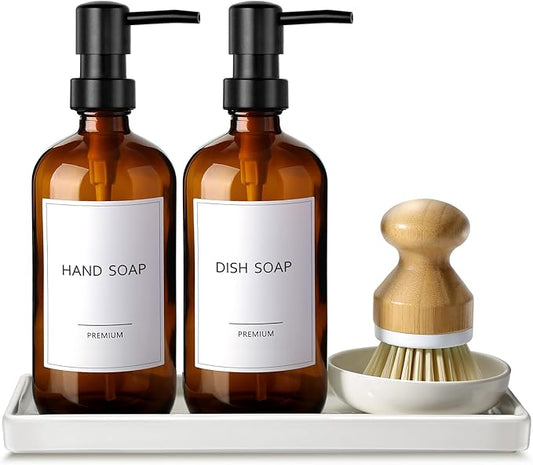 GMISUN Dish Soap Dispenser, 16 Oz Kitchen Soap Dispenser Set with Ceramic Tray & Bamboo Brush, 2 Pack Thick Amber Glass Soap Dispenser, Farmhouse Refillable Hand and Dish Liquid Soap Pump Bottle Set by GMISUN