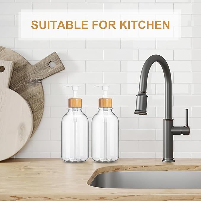 KASUNTING Clear Soap Dispenser, 2 Pack Plastic Dish Soap Dispenser for Kitchen, 17 Fl Oz Bathroom Hand Soap and Lotion Dispensers Set with Bamboo Pump, Refillable Liquid Soap Bottles - Image 7