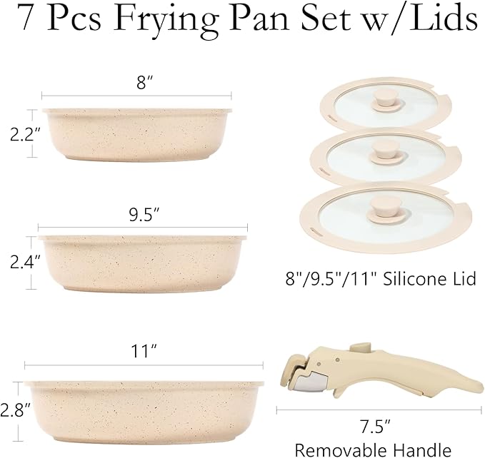 ESLITE LIFE Nonstick Ceramic Frying Pans Skillets Set with Lids & Detachable Handle, Non-Toxic Egg Omelette Kitchen Cooking Pans Compatible with All Stovetops, PTFE & PFOA Free, White, 7-Piece - Image 2
