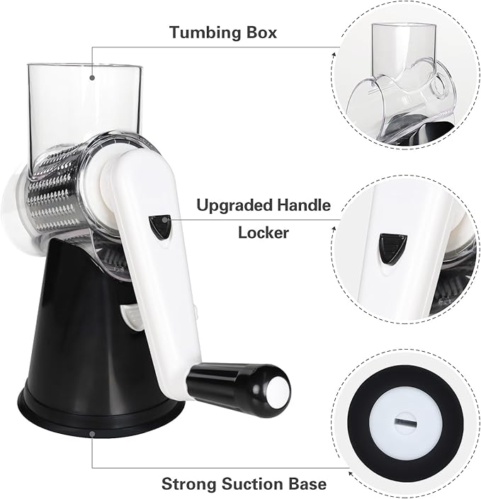 Cambom Rotary Cheese Grater Hand Crank Cheese Shredder for Fresh Cheese, Vegetable, Nuts,Non-slip Suction Base, Three Blades, Black - Image 6