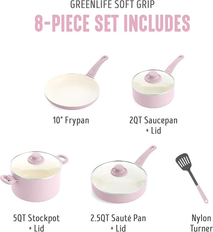 GreenLife 8 Piece Nonstick Cookware Set, Non-Toxic PFAS-Free Ceramic Pots & Pans, Dishwasher & Oven Safe, Frying, Sauce, Stock Pot, Glass Lids, Stay-Cool Handles, Wobble Free, Light Pink