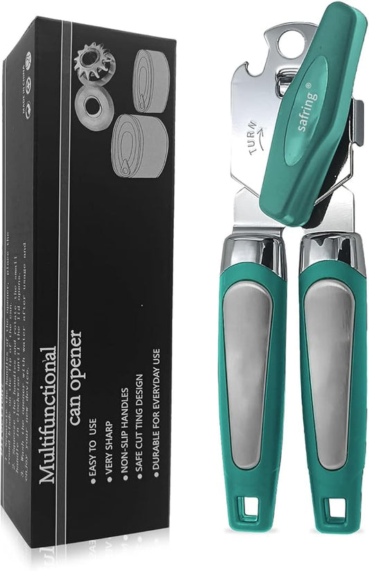 Safring Can Opener Manual, Handheld Strong Heavy Duty Stainless Steel Can Opener, Comfortable Handle, Sharp Blade Smooth Edge, Can Openers with Multifunctional Bottle Opener, Aqua Sky by Safring