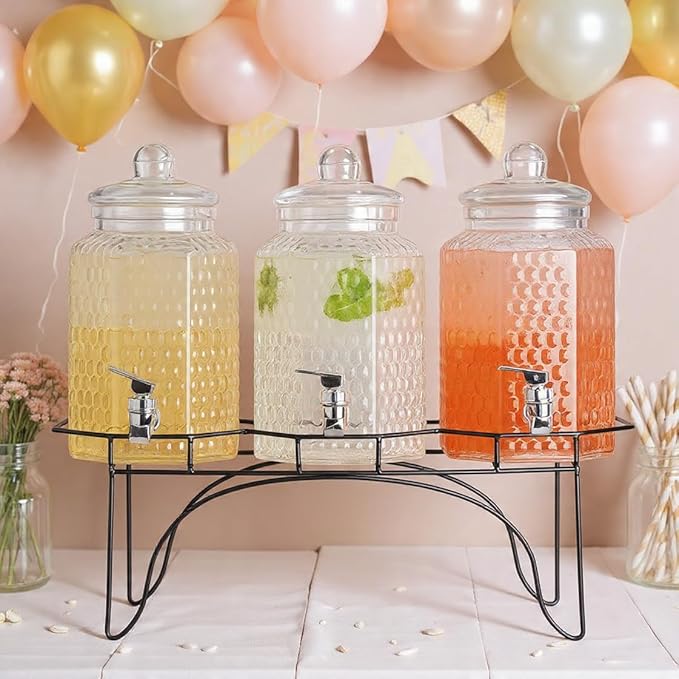 MosJos Drink Dispenser Set of 3 - Beverage Dispenser with Stand - Glass Drink Dispensers for Lemonade, Juice, Water, Iced Tea, Punch - 1-Gallon Countertop Party Drink Dispensers - Image 6