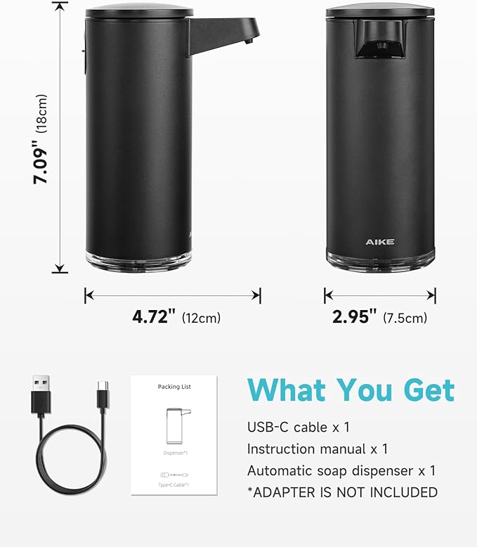 AIKE SensePro Automatic Soap Dispenser Type-C Rechargable, Stainless Matte Black Coating 12.8 fl.oz. for Liquid Soap - Image 5
