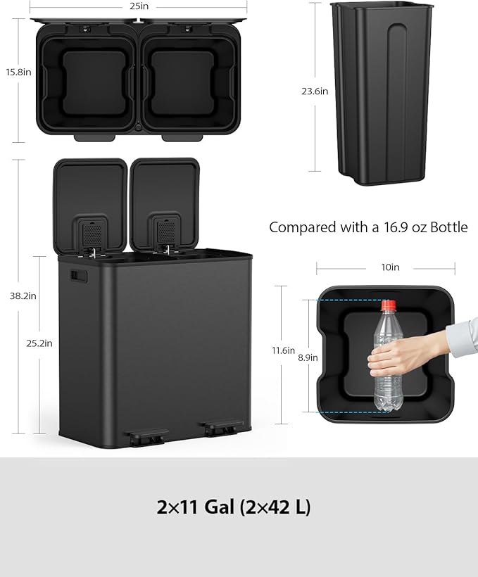 Lovewind Dual Trash and Recycling Bins for Kitchen, 2 * 11-Gallon Stainless Steel Double Trash Can, Step-On Garbage and Recycle Combo, Quiet Close, Pet-Proof, Compatible with 13-Gallon Bags, Black - Image 6