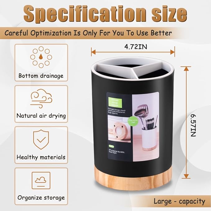 Kitchen Utensil Holder Tableware Storage Bucket, Spoon Chopsticks Fork Drain Rack Utensil Crock for Counter, Household 3-Format Tableware Drainer with Removable Divider and Wooden Base - Image 2