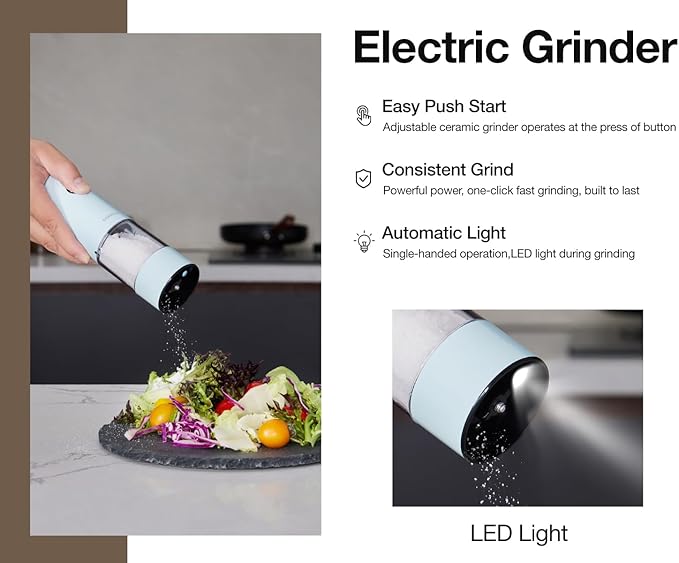 Electric Pepper Grinder and Salt Mill Set - Large Capacity USB Rechargeable Automatic Grinder with Dual LED Lights, One-Handed Operation & Slide Cover - Brushed Stainless Steel - Image 2