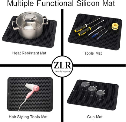ZLR 2 Pcs Silicone Dish Drying Mat & Heat Resistant Trivet (12" x 16") - Waterproof Counter Protector for Coffee Maker - Non-Slip, BPA Free Kitchen Pad, Easy Clean Dishwasher Safe (Black) - Image 5