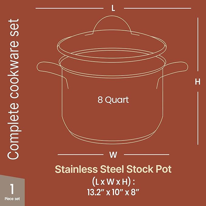 Stainless Steel Stockpot with Tempered Glass Lid 8 Quart, Durable 18/0 Stainless Steel, Impact-Bonded Base for Even Heating, Riveted Handles, Oven & All Stove Compatible, Safe Up To 500°F (260°C) - Image 2