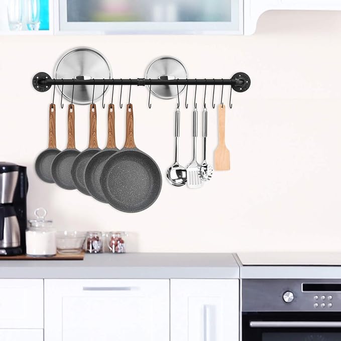 Toplife 39.4 inch Pot Rack, Kitchen Wall Mounted Detachable Pan Lid Utensils Organizer Hanging Rail with 16 Hooks, Black - Image 3