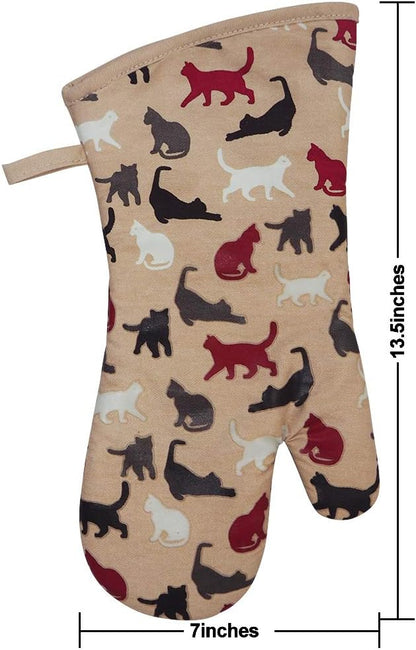 Oven Mitts Gloves 1 Pair Heat Resistant 480 ℉ Non Slip Clear Silicone Printed Comfortable Cotton Lining Kitchen Women Men Cooking Barbecue Microwave Machine Washable (Cat, Khaki Mittens)