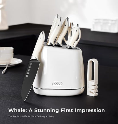 OOU Kitchen Knife Block Set - 15 Pieces High Carbon Stainless Steel Chef Knife Sets, Anti-Rust Black Knives Set with Sharpener，White