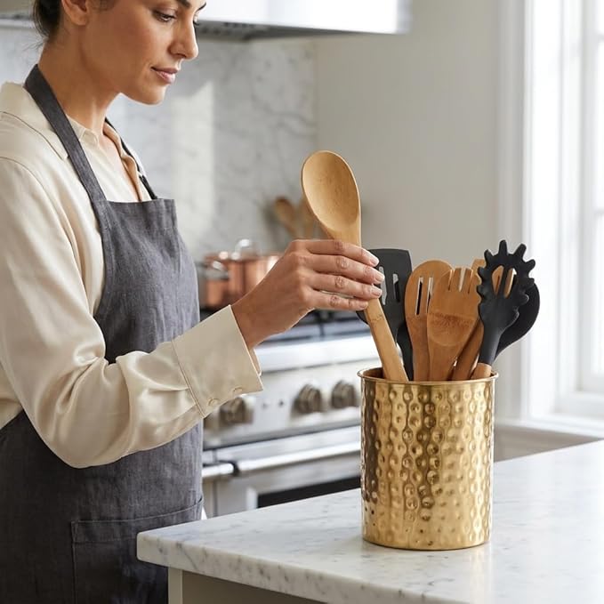 Monarch Abode Kitchen Utensil Holder – Hand Hammered Metal Brushed Gold Utensil Holder, Decorative Utensil Crock for Kitchen Counter, Cooking Tool and Spatula Holder for Countertop, Caddy Organizer - Image 4