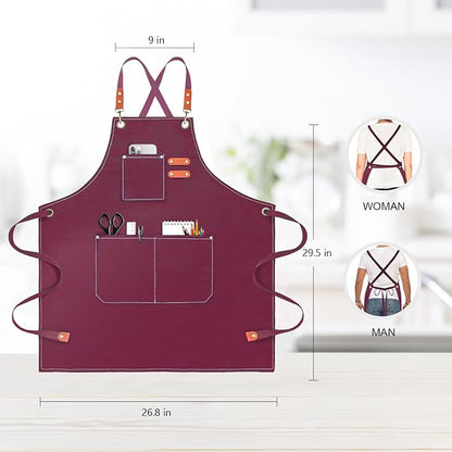 OUNLEN Chef Apron for Men Women Canvas Aprons with 3 Pockets Cross Back Resistant Work Apron for Cooking - Image 2