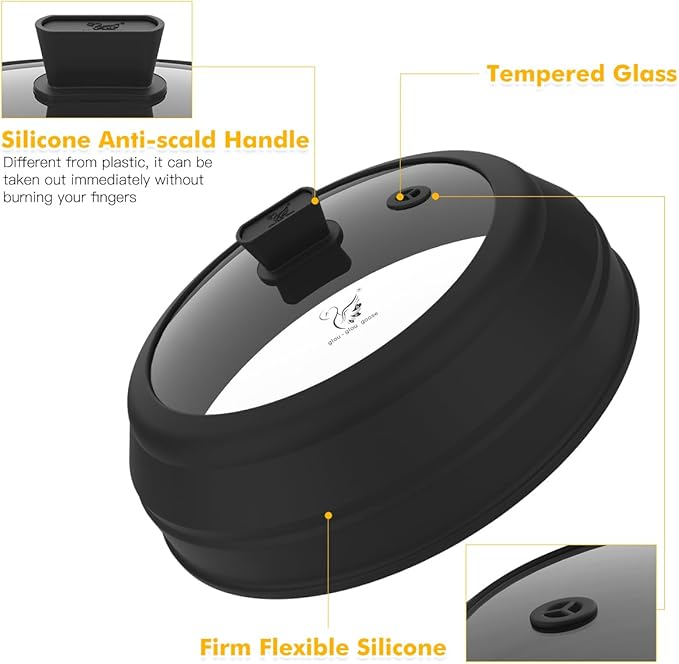 Microwave Splatter Cover Glass Splatter Guard Lid with Collapsible Silicone for Food Plate Covers 8.5 inch Black - Image 4