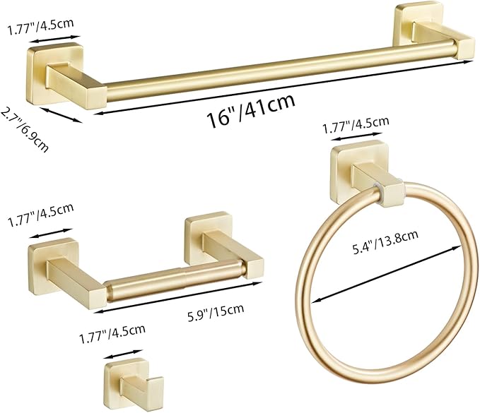 Brusehd Light Gold Bathroom Hardware Set 4 Pieces,Towel Bar Set Stainless Steel Wall Mounted, Includes 16In Hand Towel Bar, Towel Ring, Robe Towel Hooks,Toilet Paper Holder, Bathroom Towel Rack Set… - Image 6