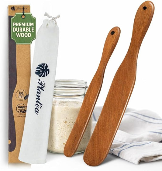 2 pcs Skinny Spurtle for Sourdough Starter, Reaching Bottom of Jar Wooden Spurtle for Mixing, Acacia Wood Dough Whisk, Sourdough Bread Baking Supplies