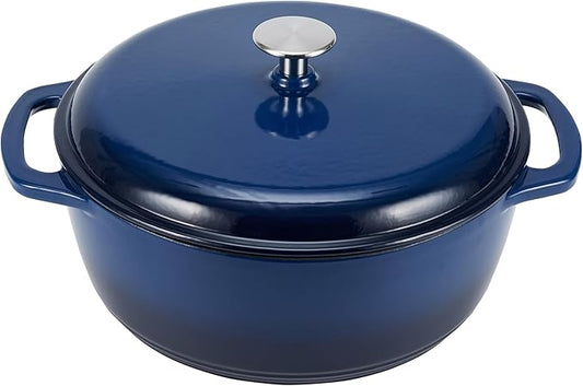 Amazon Basics Enameled Cast Iron Dutch Oven Pot with Lid, Round, Dual Handles, Heavy-Duty, Oven Safe for Baking, Roasting, Stews, 7.3-Quart, Navy by AmazonBasics
