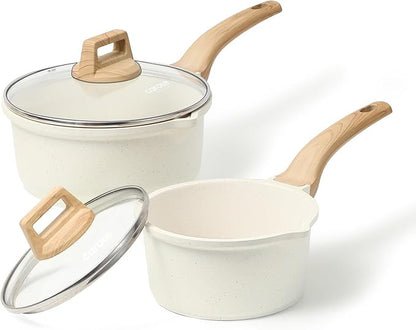 CAROTE 1.5Qt & 3.0Qt Sauce Pan Sets with Lid Cooking Pots Nonstick Saucepans Cookware Set with Pour Spout Small Kitchen Pot, Induction Comptable, Easy to Clean, PFOA FREE (White Granite) by CAROTE