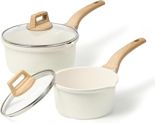 CAROTE 1.5Qt & 3.0Qt Sauce Pan Sets with Lid Cooking Pots Nonstick Saucepans Cookware Set with Pour Spout Small Kitchen Pot, Induction Comptable, Easy to Clean, PFOA FREE (White Granite) by CAROTE