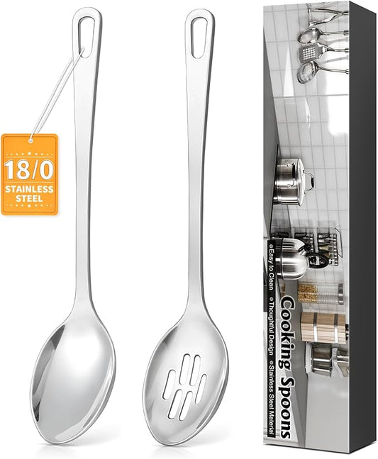2 Pcs Stainless Steel Cooking Spoons Set, Solid & Slotted Metal Serving Spoons, Heavy Duty Sturdy Large Soup Ladle, High Heat Resistant Kitchen Cooking Utensils for Mixing, Stirring, Easy to Clean by Unknown