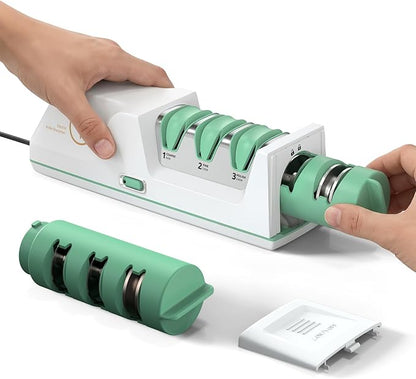 Electric Knife Sharpener with Replaceable Sharpening Head Easy to Change, 3-Stage & 15° Precision Angle Diamond Sharpening System for Metal Knives, Ceramic knives, Exquisite Gifts and Packaging