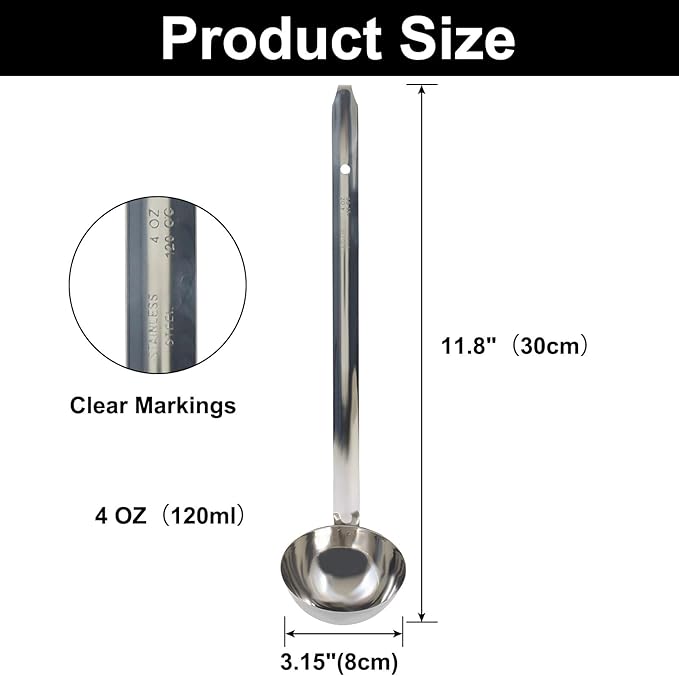4 Oz Stainless Steel Ladle, 3 Pcs Sturdy Soup Ladle, 11.8" Long Handle Length for Stirring, Portioning and Serving Soup and Stew in Restaurants and Home (3.15" Bowl Diameter） - Image 2