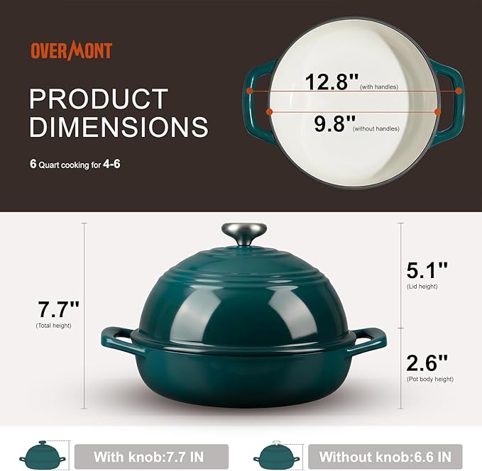 Overmont Enameled Cast Iron Bread Oven - 6QT Bread Dutch Oven for Sourdough Baking - Bread Pot with Dome Lid Cotton Potholders & Cookbook - Multi-Functional Bread Pan For Baking Frying Roasting - Image 5