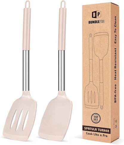 Pack of 2 Silicone Solid Turner, Non Stick Slotted Kitchen Spatulas, High Heat Resistant BPA Free Cooking Utensils, Ideal Cookware for Fish, Eggs, Pancakes(Stainless Steel Khaki) by BUNDLEPRO