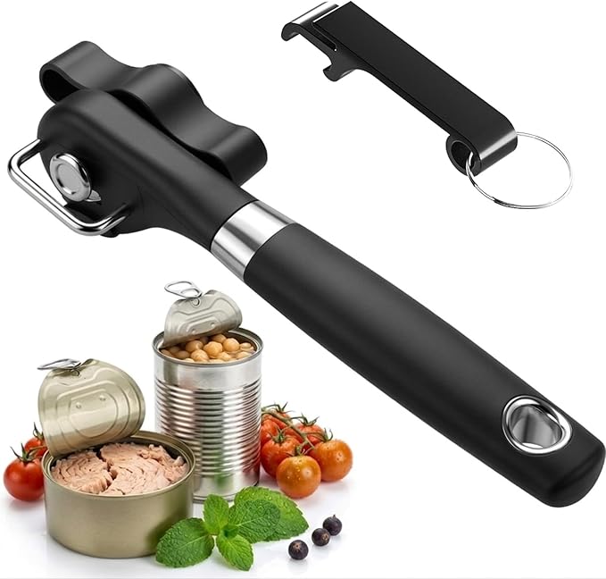 Can Opener Smooth Edge & Bottle Opener, Manual Side Safe Cut Can Opener Smooth Edge with Durable Sharp Blade, Effort-Saving Knob & Comfortable Non-slip Handle, (2-Pack, Black) by RICKUNCL