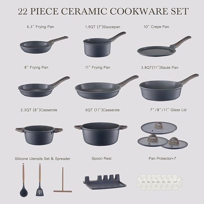 22Pcs Pots and Pans Set Non Stick Non-Toxic Ceramic Cookware Sets Nonstick Kitchen Pot and Pan Set With Lid Gray Granite Induction Compatible with Glass Lids 10" Griddles Frying Pan PFOA/PFOS-Free - Image 2
