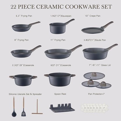 22Pcs Pots and Pans Set Non Stick Non-Toxic Ceramic Cookware Sets Nonstick Kitchen Pot and Pan Set With Lid Gray Granite Induction Compatible with Glass Lids 10" Griddles Frying Pan PFOA/PFOS-Free - Image 2