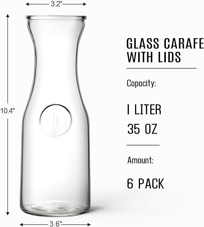 Set of 6 Glass Carafe with Lid, 1 Liter Beverage Serveware Carafe, Clear Glass Pitcher for Mimosa Bar, Brunch, Cold Water, Juice, Milk, Iced Tea, Lemonade - Image 2