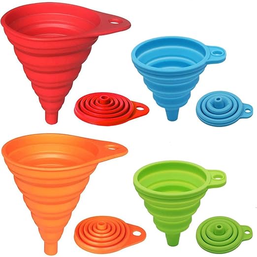 KongNai Kitchen Funnel Set 4 Pack, Small and Large, Kitchen Gadgets Accessories Foldable Silicone Collapsible Funnels for Filling Water Bottle Liquid Transfer Food Grade by KongNai