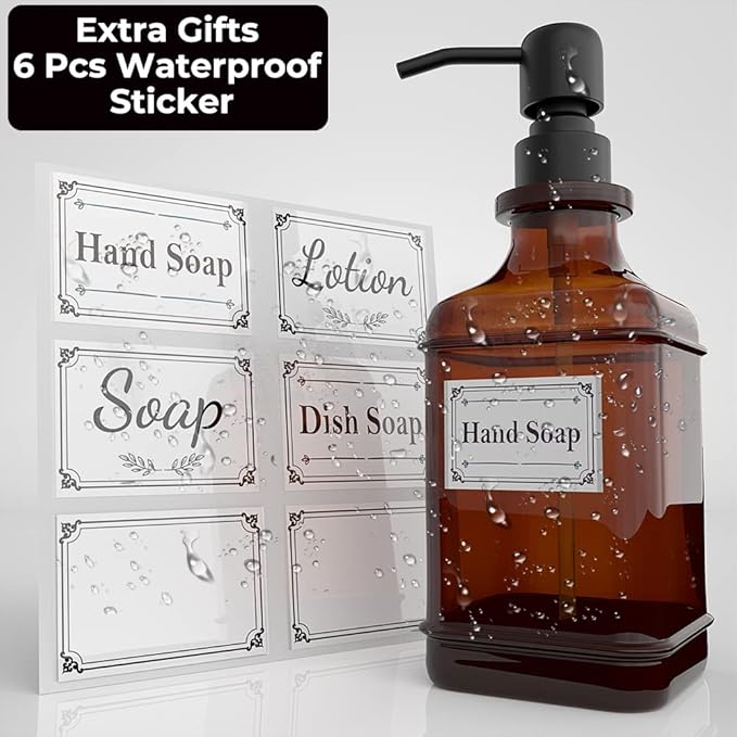 GLADPURE Soap Dispenser 2 Pack, Hand Soap Dispensers with 18 Oz Antique Design Thick Amber Glass Bottle, 316 Rust Proof Stainless Steel Black Pump, 6Pcs Stickers, for Lotion, Soap, Essential Oil - Image 4