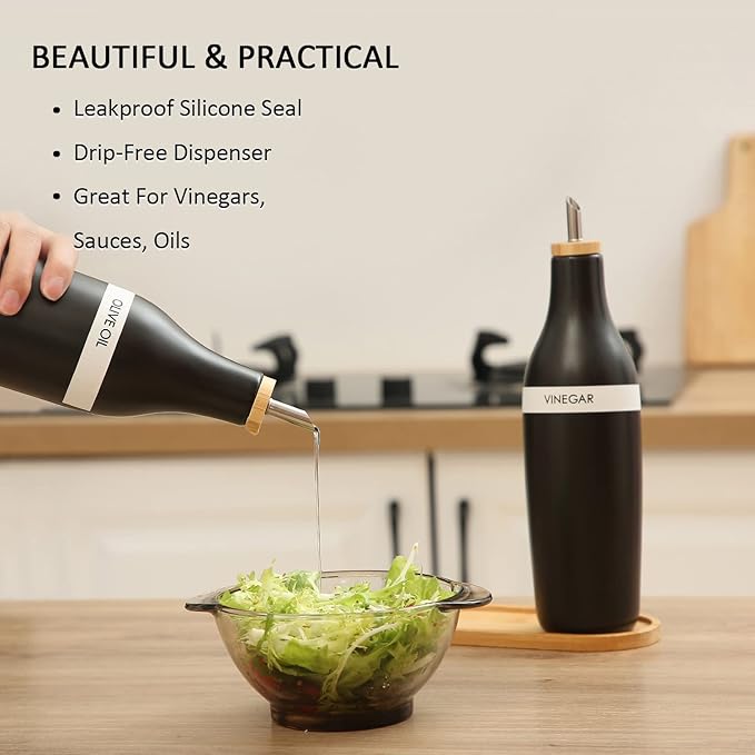 HOMCDALY Olive Oil and Vinegar Dispenser Set, Two 16oz Ceramic Oil Dispenser for Kitchen, Kitchen Dispenser Bottle for EVOO Vinegar Syrups, Modern Farmhouse Design| Set of 2 – Black - Image 3