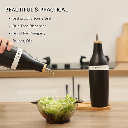 HOMCDALY Olive Oil and Vinegar Dispenser Set, Two 16oz Ceramic Oil Dispenser for Kitchen, Kitchen Dispenser Bottle for EVOO Vinegar Syrups, Modern Farmhouse Design| Set of 2 – Black - Image 3