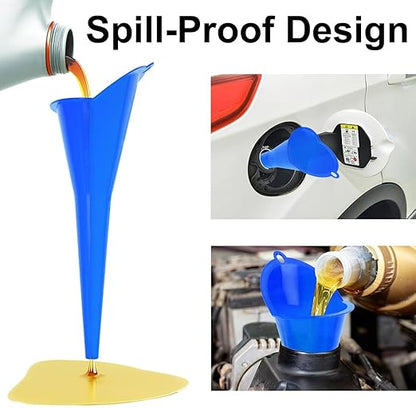 3-Pack Long-Neck Oil Funnels, 11" Multi-Purpose Funnels for Automotive & Motorcycle Use – Reusable Funnel for Oil, Gas & Transmission Fluid (Blue)
