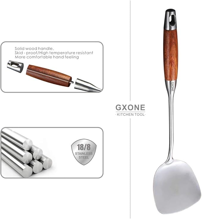 Chinese Wok Spatula, 304 Stainless Steel Spatula with Heat Resistant Wooden Handle Wok Utensils,Silver/15.7Inch - Image 3
