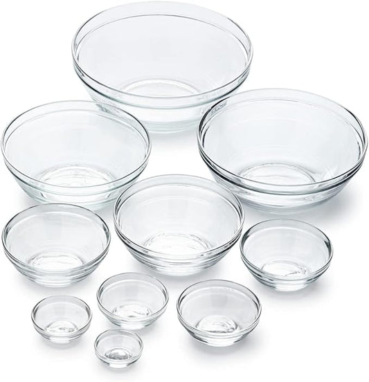 Duralex Le Gigogne Glass Mixing Bowl Set – 10-Piece Clear Stackable Prep Bowls Made of Durable Glass