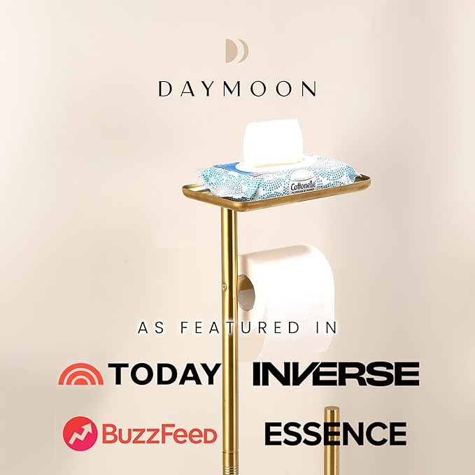 Day Moon™ - Toilet Paper Holder - Modern Roll Holder for Bathroom - 1 Pack - Free Standing - with Shelf, Gold - Image 6