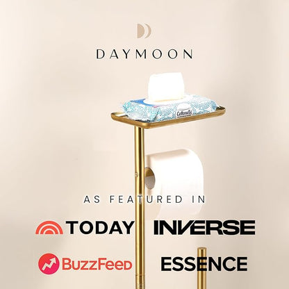 Day Moon™ - Toilet Paper Holder - Modern Roll Holder for Bathroom - 1 Pack - Free Standing - with Shelf, Gold - Image 6