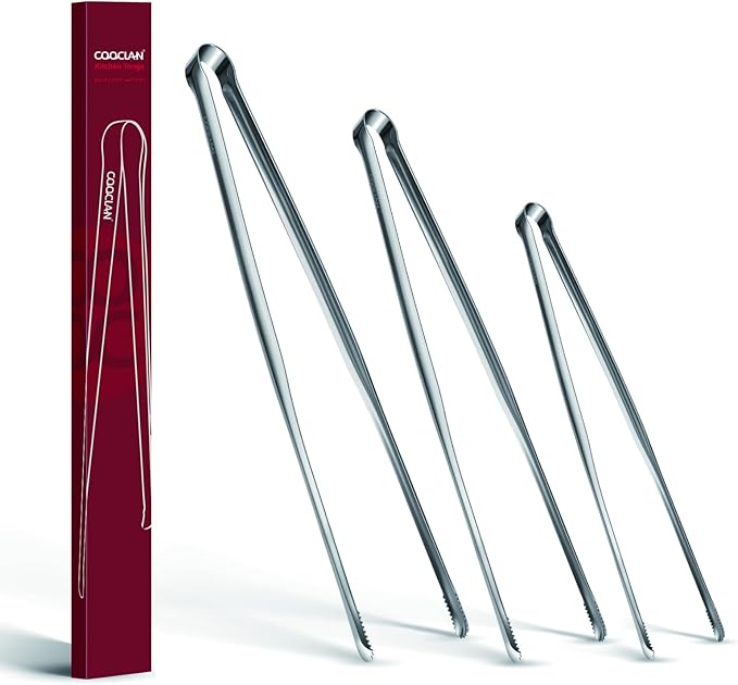 Precision Serrated Non-Slip Tips Cooking Tongs 3 Set (9.5" & 11.5" & 13.5"), 18/8 Stainless Steel Metal Tong, Light but Durable, Easily Control Kitchen Tweezer Tongs for Frying, Plating, BBQ by COOCLAN
