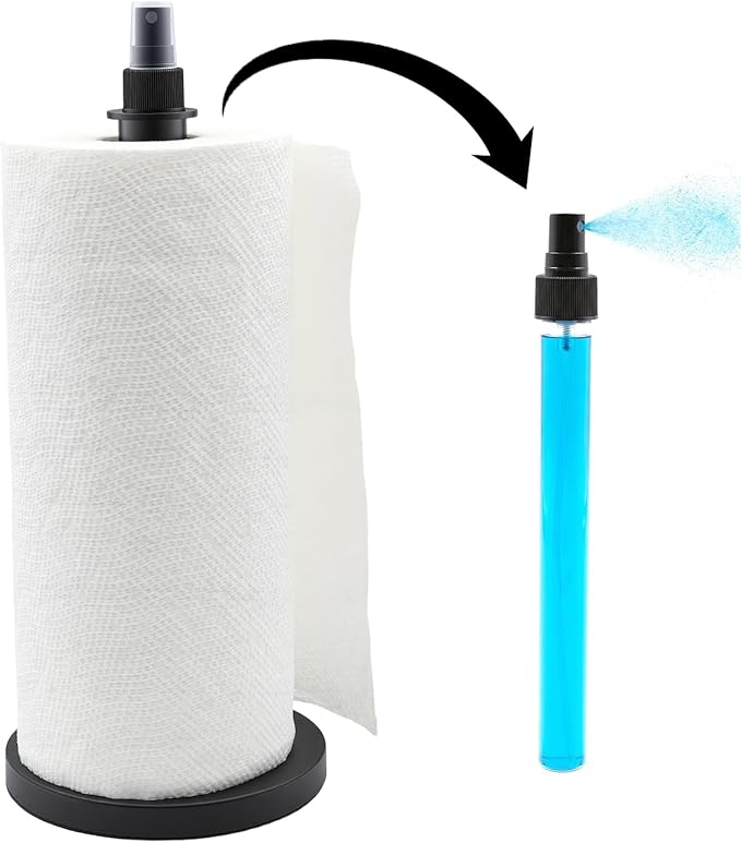 2 in 1 Paper Towel Holder with Spray Bottle, Countertop Paper Towel Holder with Weighted Base, Stainless Steel Paper Towel Roll Holder Black for Kitchen, Bathroom (Black)