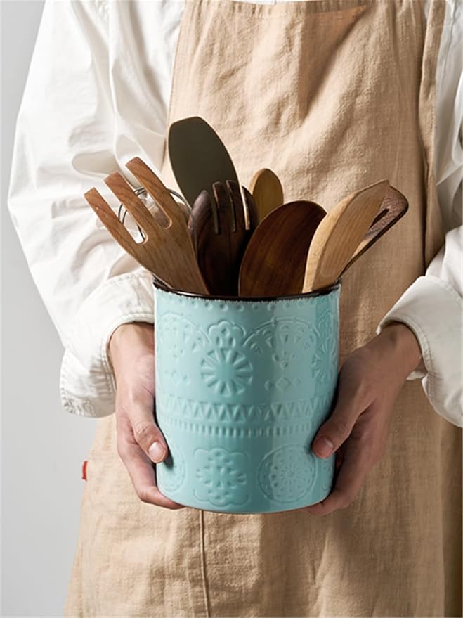 DOWAN 7.2" Kitchen Utensil Holder, Extra Large Farmhouse Utensil Holders for Countertop, Ceramic Utensil Crock, Anti Slip Cork Bottom - Image 4