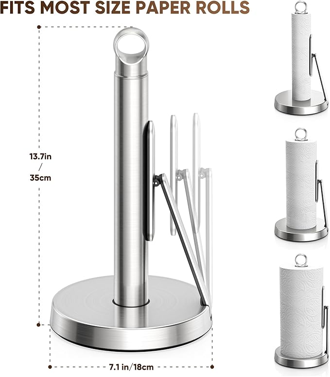 theaoo Heavy-Duty Stainless Steel Paper Towel Holder with Tension Arm – Easy One-Handed Tear, Modern Standing Countertop Dispenser for Kitchen, Holds All Paper Towel Rolls (1, Silver) - Image 2