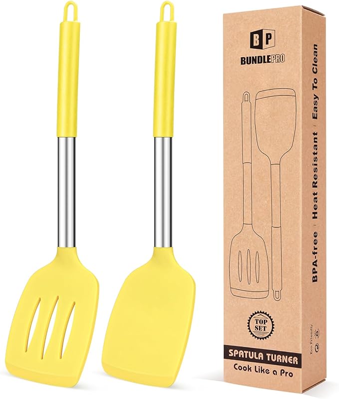Pack of 2 Silicone Solid Turner, Non Stick Slotted Kitchen Spatulas, High Heat Resistant BPA Free Cooking Utensils, Ideal Cookware for Fish, Eggs, Pancakes(Yellow) by BUNDLEPRO